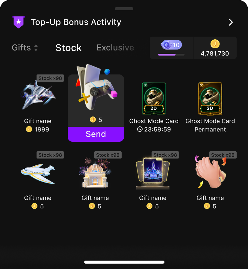 Gift stock panel with a selected gift